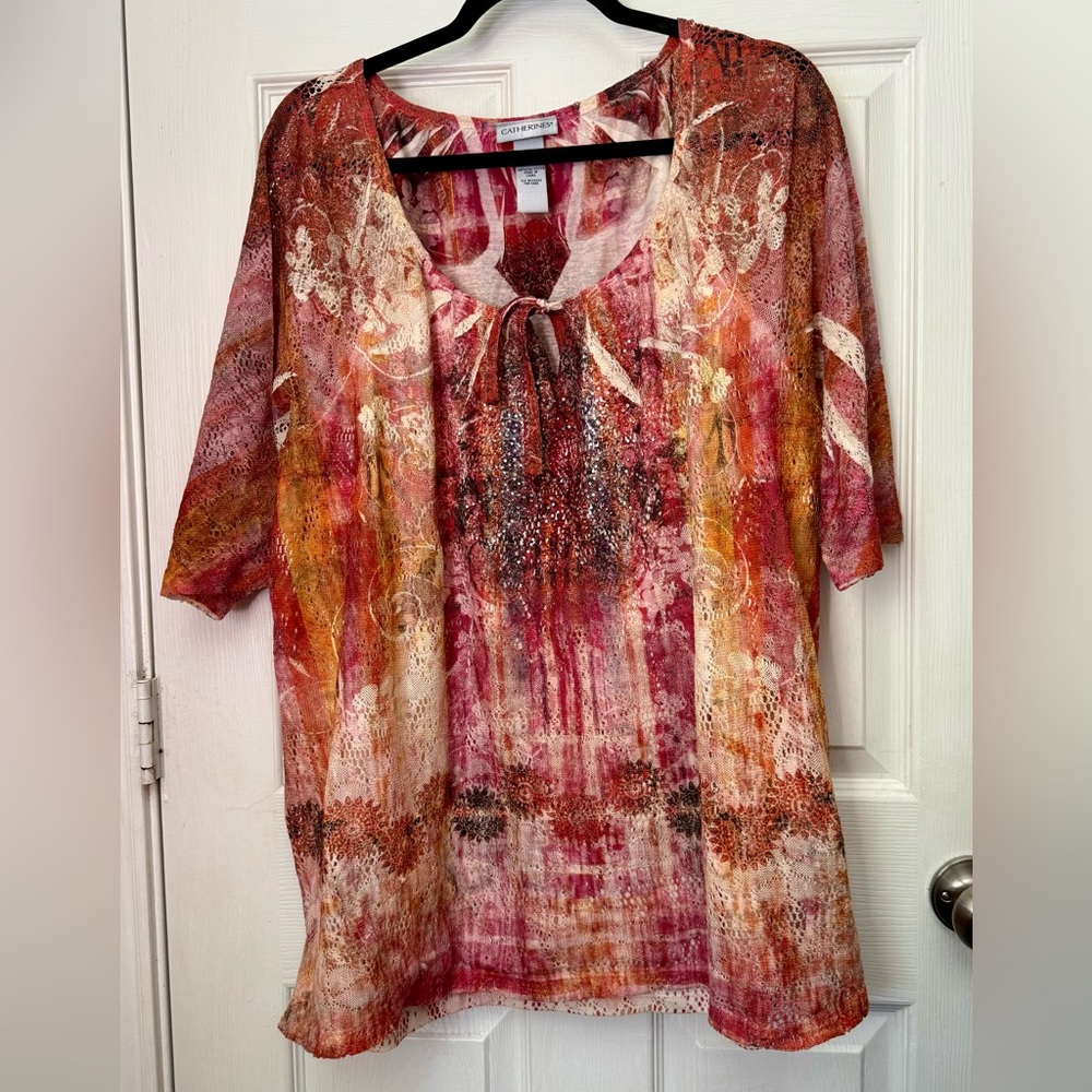 Catherines Lace, Gems Multicolor Women's Blouse 2X 22/24 short sleeve